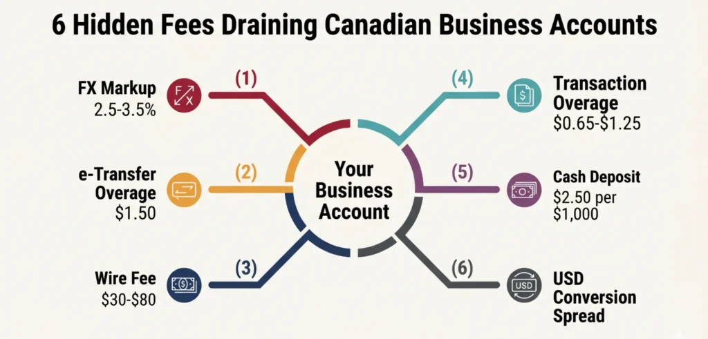 Chart showing six hidden banking fees reducing profits for Canadian business account holders today