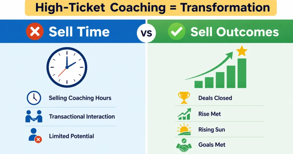 High-ticket coaching focuses on client outcomes, transformation, goals achieved, and business growth.