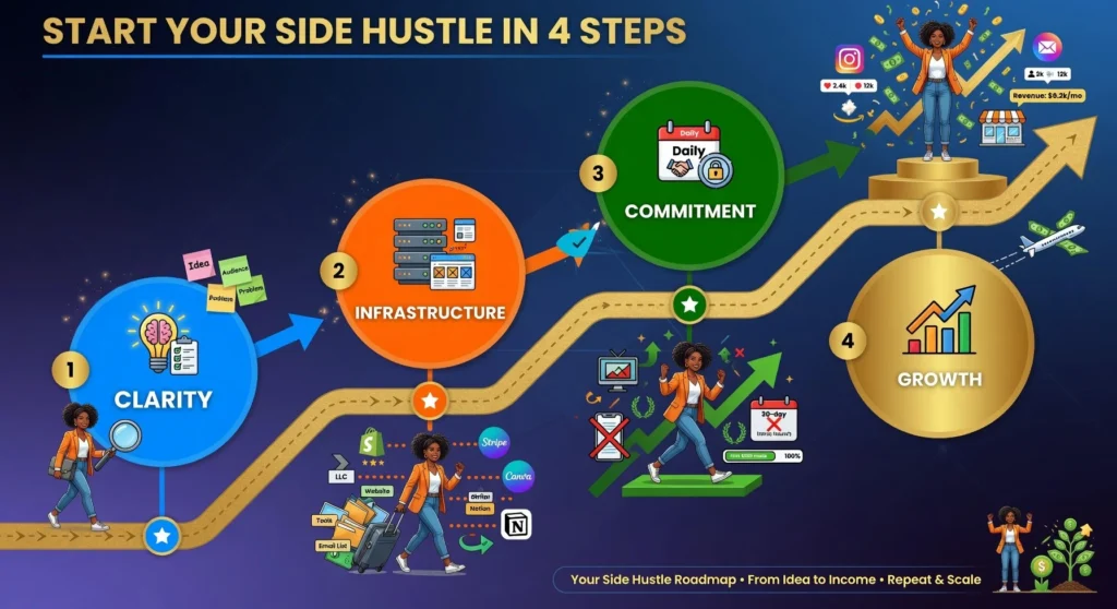 Four-step side hustle roadmap for Canadians showing clarity, infrastructure, commitment, and growth stages to build a successful side business in 2026.