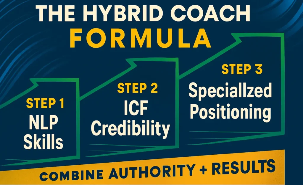 Hybrid coach formula infographic outlining a three-step path: NLP skills, ICF credibility, and specialized positioning to combine authority, client results, and coaching business growth.