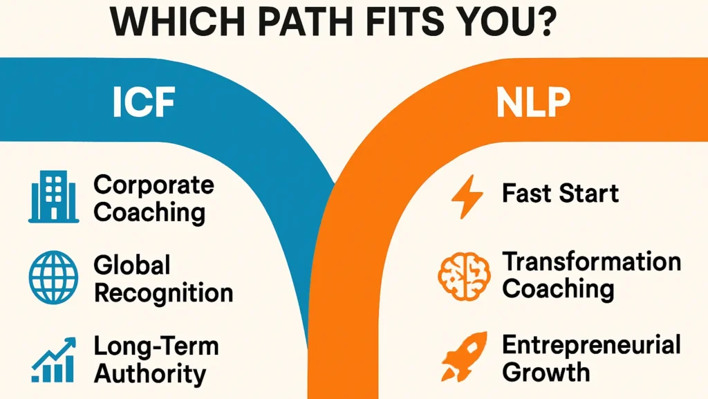 ICF vs NLP coaching career path infographic comparing corporate coaching, global recognition, and long-term authority with fast-start opportunities, transformation coaching, and entrepreneurial growth.