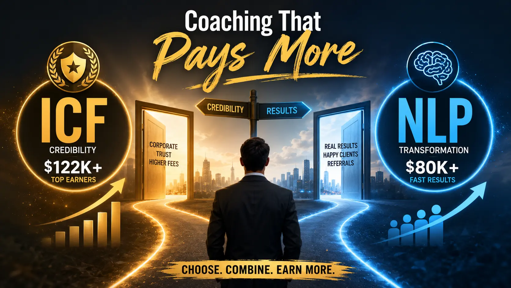 ICF vs NLP coaching certification comparison infographic highlighting credibility, income potential, client results, ROI, and career pathways to help coaches choose the most profitable certification route.