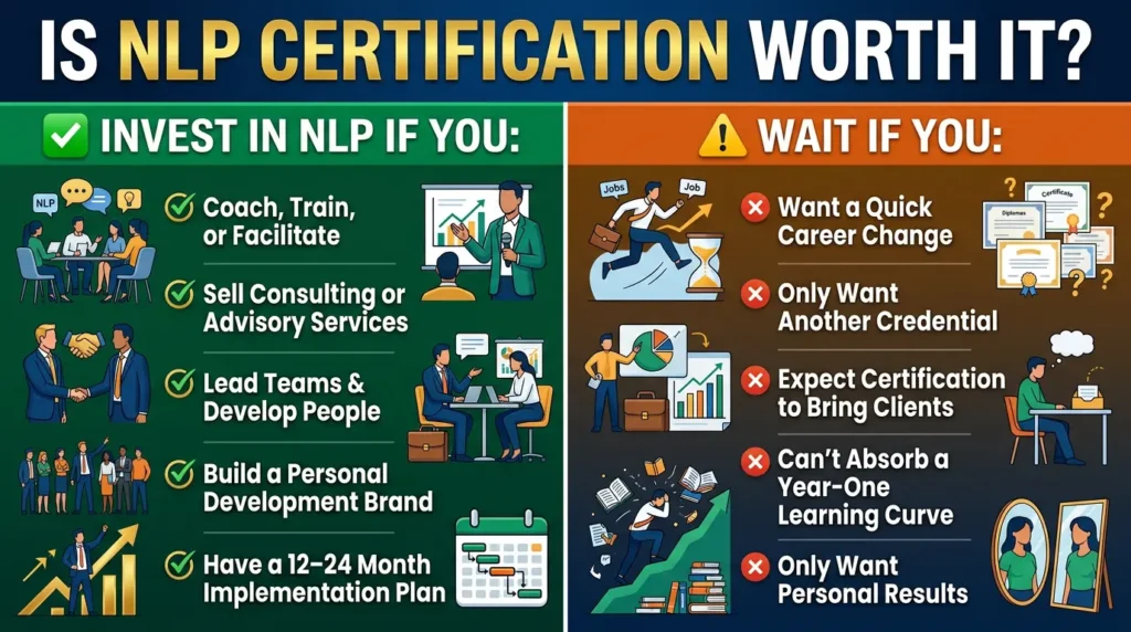 Infographic showing who should invest in NLP certification and who should wait