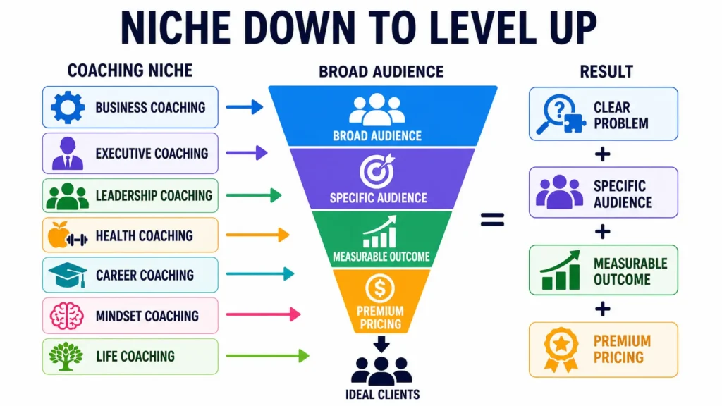 Coaching niche infographic showing audience focus, measurable outcomes, premium pricing, growth.