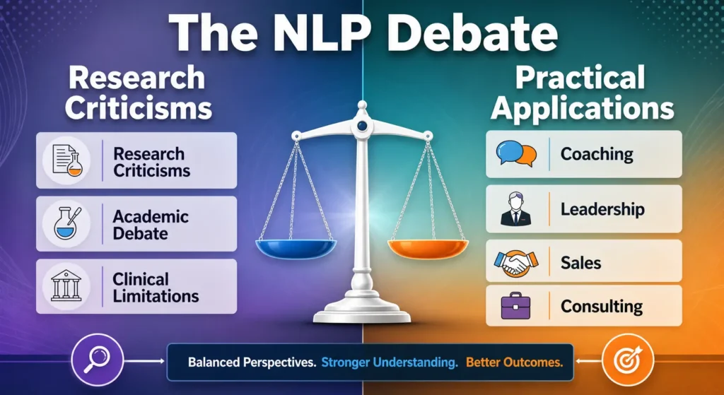 NLP debate comparing research criticisms with practical applications in coaching and leadership.