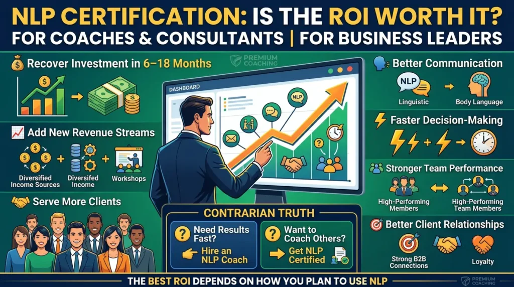 NLP certification ROI infographic for coaches, consultants, and business leaders