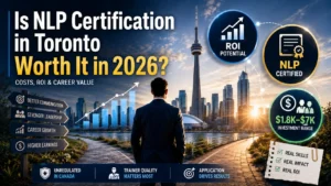 Professional overlooking the Toronto skyline while evaluating NLP certification in Toronto, highlighting training costs, ROI potential, career growth, leadership development, communication skills, and earning opportunities in 2026.