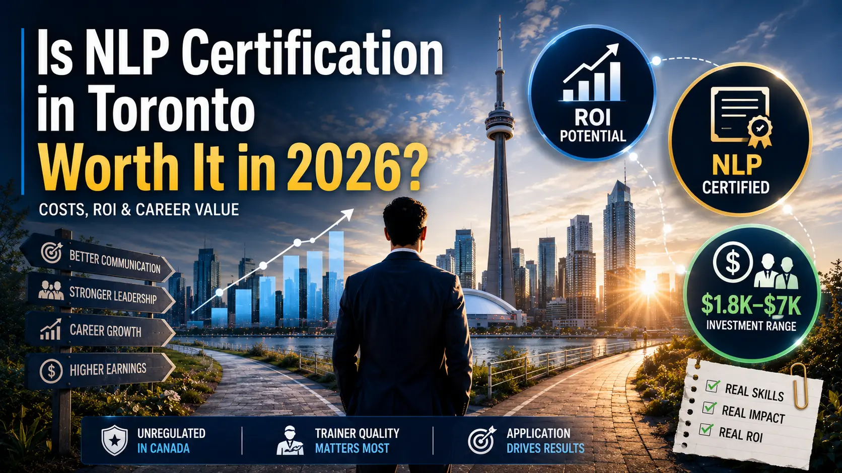 Professional overlooking the Toronto skyline while evaluating NLP certification in Toronto, highlighting training costs, ROI potential, career growth, leadership development, communication skills, and earning opportunities in 2026.