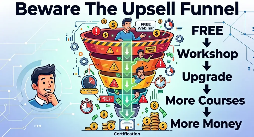 NLP Certified warning showing upsell funnel from free webinar to costly courses and certification.