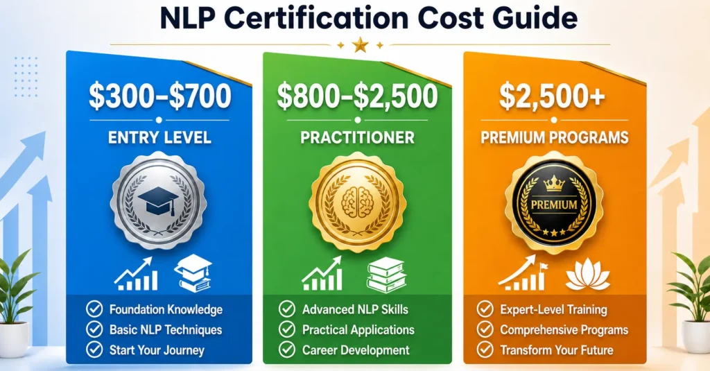 NLP Certified cost guide showing entry-level, practitioner, and premium certification program pricing and training benefits.