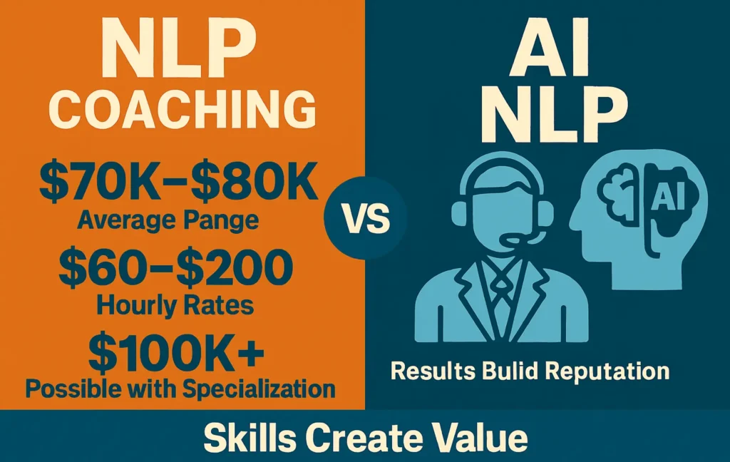 Comparison infographic showing NLP coaching versus AI NLP, highlighting coaching income potential, hourly rates, specialization opportunities, and the importance of skills, results, and reputation in creating value.