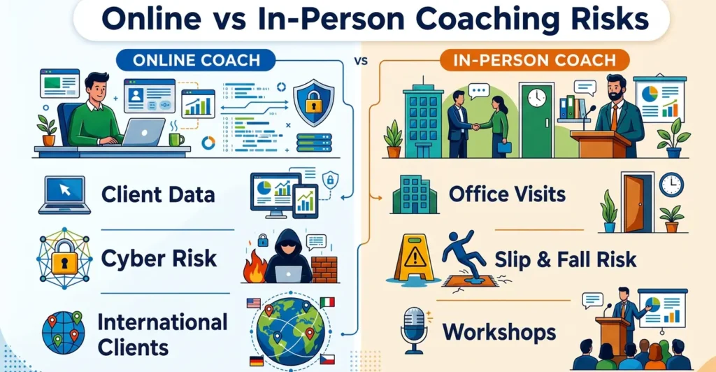 Online vs in-person life coaching risks in Canada comparison showing client data and cyber risk for online coaches, and office visits, slip-and-fall risks, and workshop liability for in-person coaches.