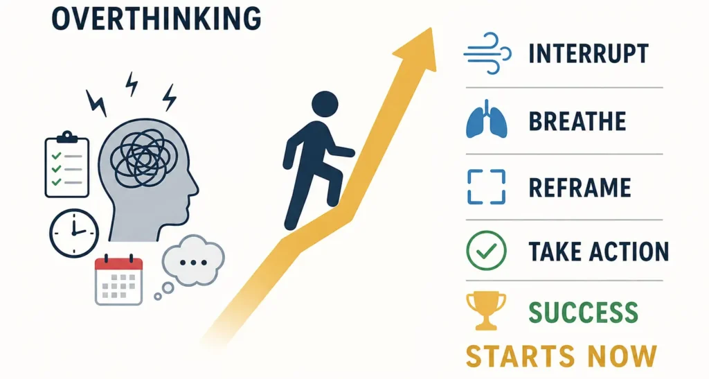 5-Minute NLP Trick to stop overthinking using interrupt, breathe, reframe, and take action fast.