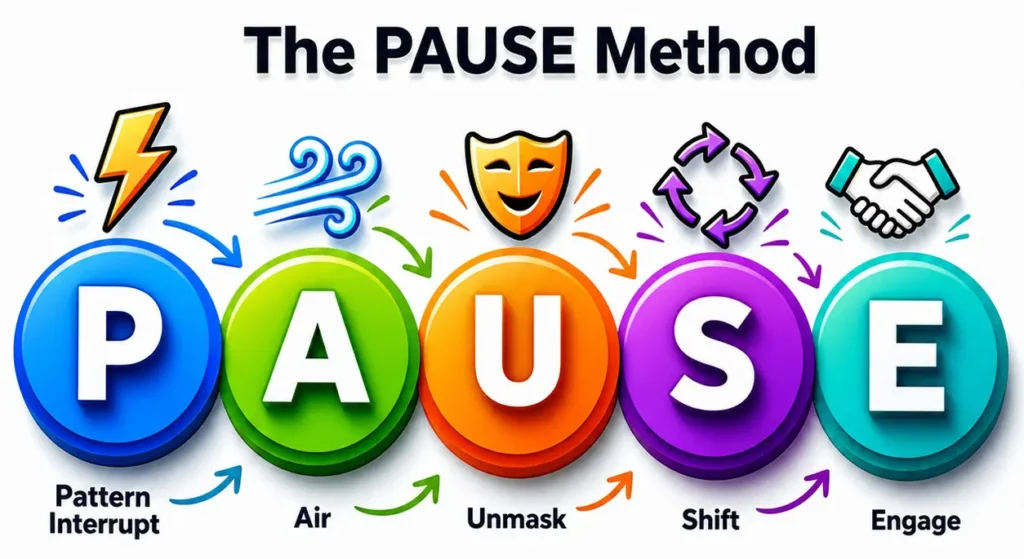 PAUSE Method infographic showing Pattern Interrupt, Air, Unmask, Shift, and Engage to reset thoughts.
