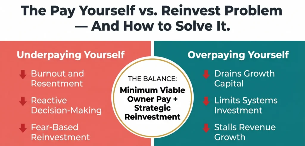 Pay yourself vs reinvest strategy showing balanced owner pay and business growth investment.