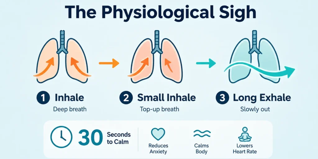 Infographic showing the physiological sigh breathing technique to calm stress in about 30 seconds fast.