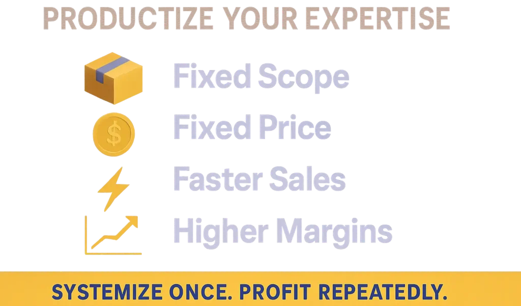 Diagram showing productized expertise with fixed scope, fixed pricing, faster sales, and higher margins