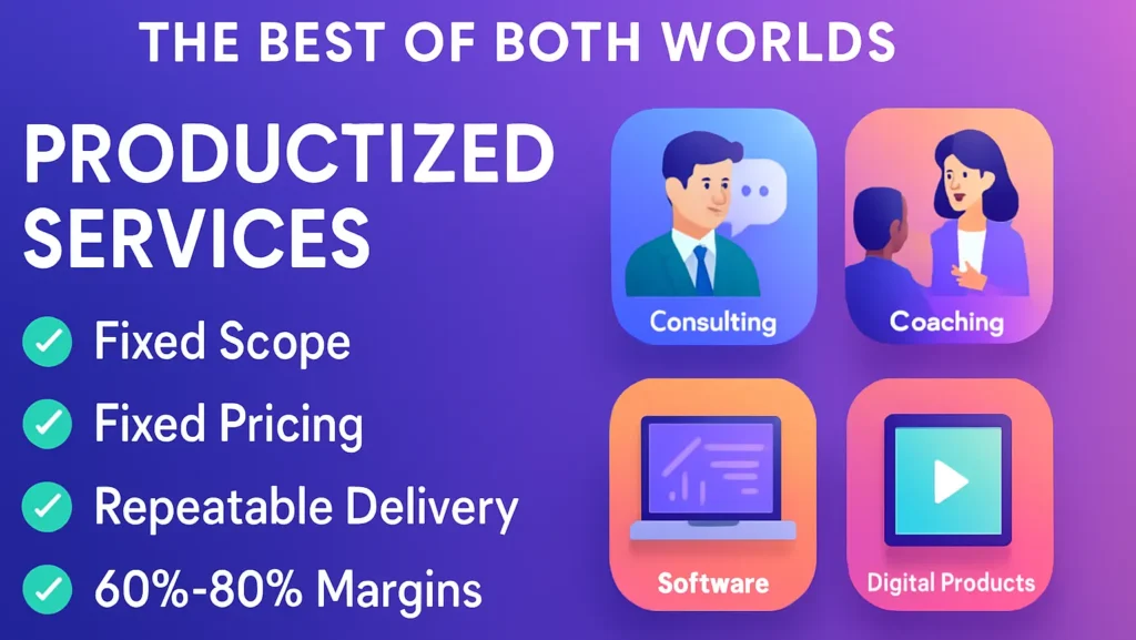Infographic showing productized services as a high-margin business model with fixed scope, fixed pricing, repeatable delivery, and profit margins of 60% to 80%.