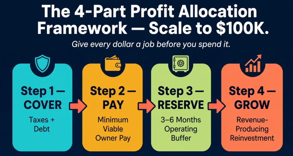 Four-step profit allocation framework covering taxes, owner pay, reserves, and growth.