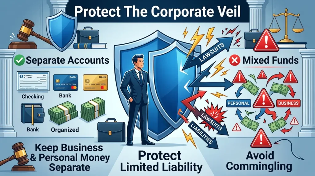 Infographic explaining how separate business and personal accounts help protect the corporate veil, maintain limited liability protection, avoid commingling funds, and reduce legal and financial risks for incorporated businesses.