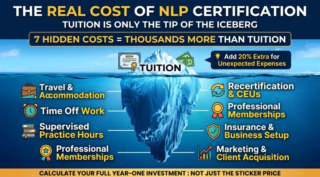 Iceberg infographic showing seven hidden costs of NLP certification beyond tuition in Canada