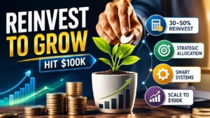 Business growth infographic showing profit reinvestment, smart systems, and scaling to $100K.