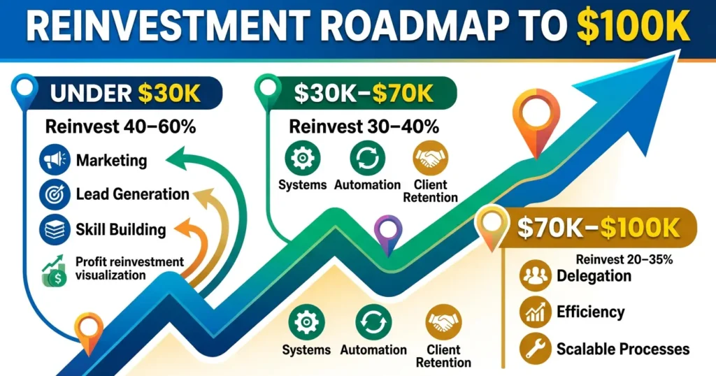Reinvestment roadmap showing profit allocation stages from $30K to $100K business growth