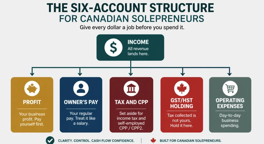 Six-account structure for Canadian solopreneurs showing profit, pay, tax, GST/HST, and expenses.