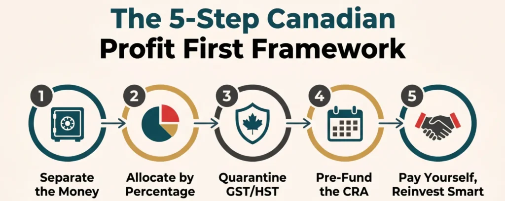 5-step Canadian Profit First framework showing cash allocation, GST/HST reserves, and profit planning.