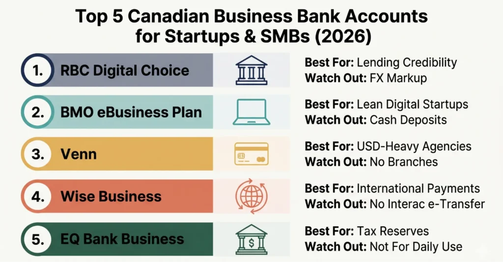 Comparison of top Canadian business bank accounts for startups and SMBs with key pros and cons
