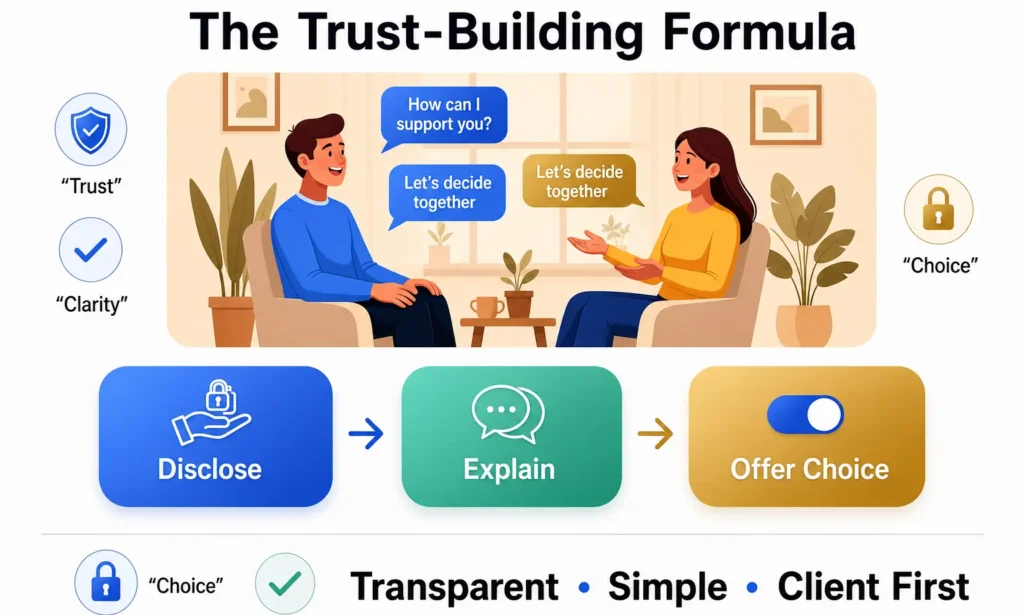 Trust-building formula for coaches: disclose, explain, and offer client choice with AI tools