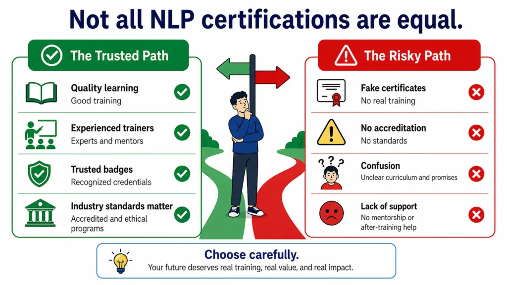 NLP Certified comparison showing trusted certification path versus risky programs and fake credentials.
