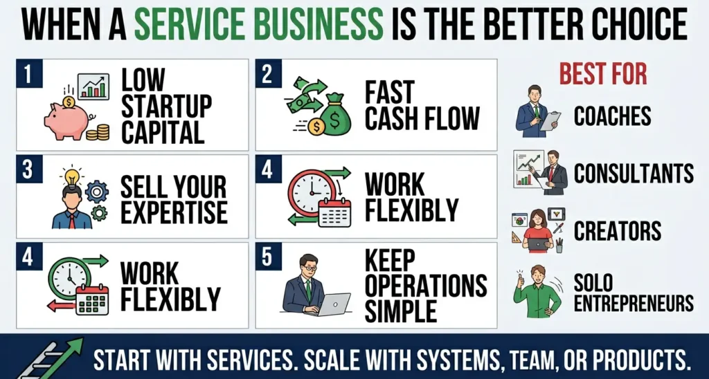 Infographic showing when a service business is the better choice in Canada, highlighting low startup capital, fast cash flow, selling expertise, flexible work, and simple operations