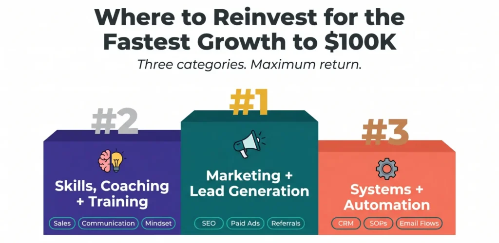 Ranking of business reinvestment priorities: marketing, training, and automation for growth.