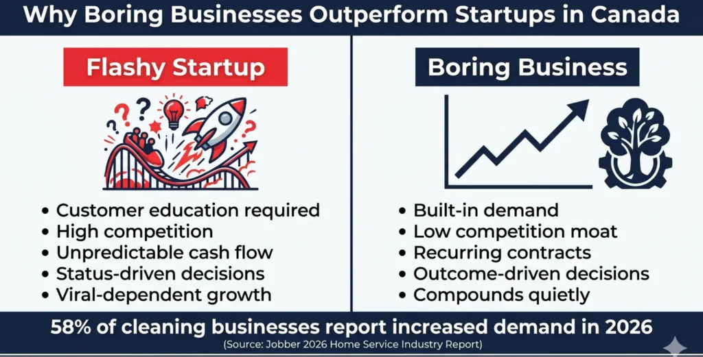 Comparison showing boring Canadian businesses outperform startups with demand and contracts
