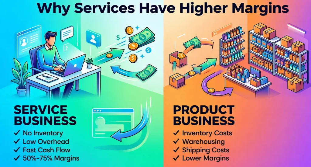 Infographic explaining why service businesses in Canada achieve higher profit margins than product businesses due to lower overhead, no inventory costs, and faster cash flow