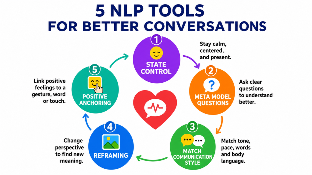 Infographic highlighting 5 NLP tools for better conversations, including state control, reframing, and positive anchoring.