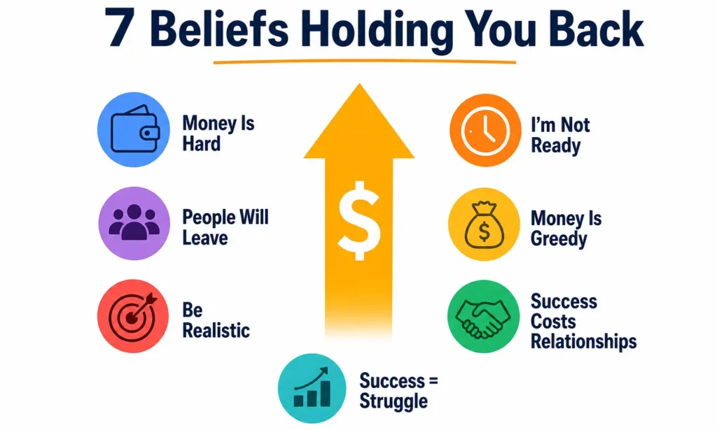 Infographic showing 7 limiting beliefs holding you back from increasing income and achieving success.