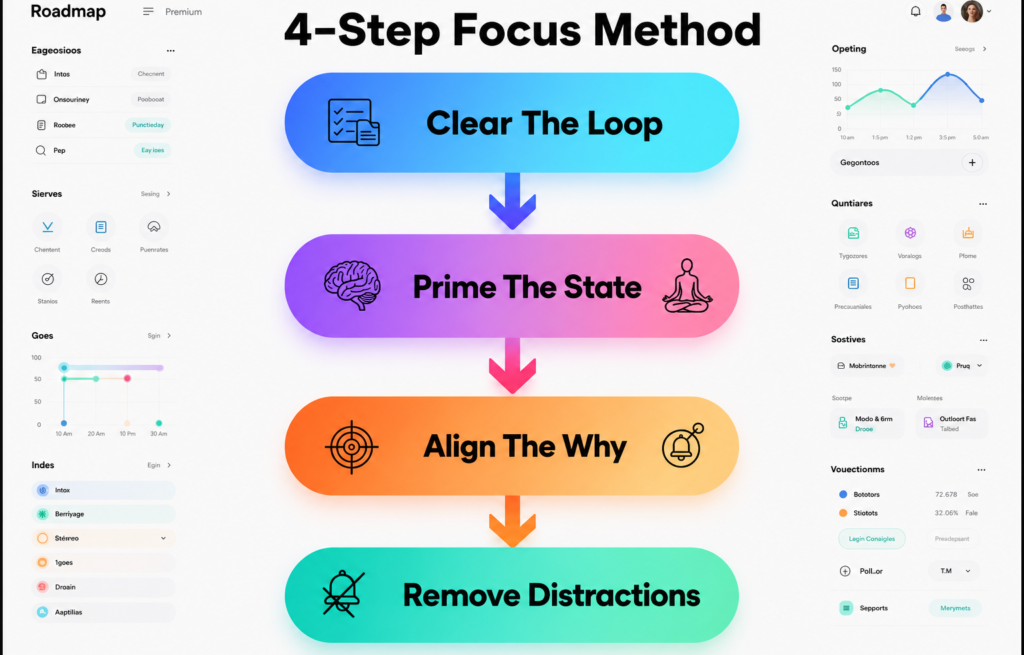 Infographic titled "4-Step Focus Method" outlining a roadmap for clearing loops, priming state, aligning the why, and removing distractions.