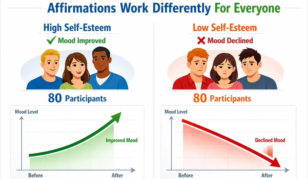 Affirmations affect high and low self-esteem differently, showing improved or declined mood outcomes.