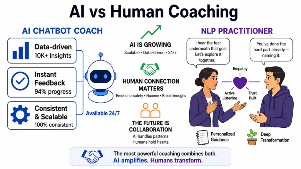 Infographic comparing AI chatbot coaching and NLP practitioner human-led coaching.