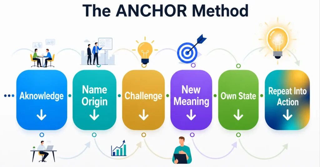 ANCHOR Method steps to replace limiting beliefs with empowering thoughts and consistent positive action.