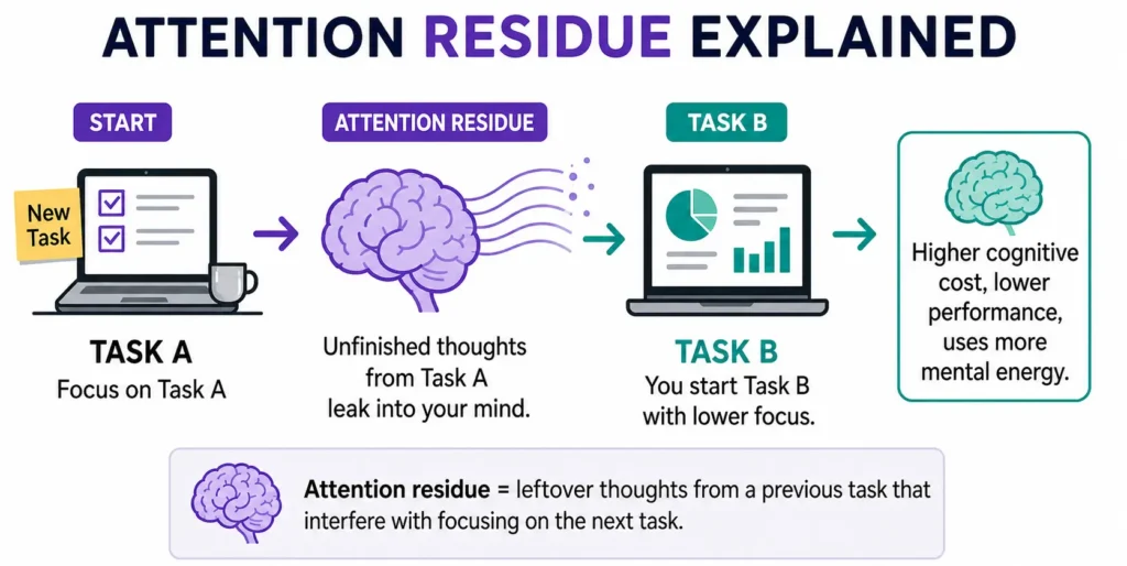 Infographic titled "Attention Residue Explained" showing how unfinished thoughts from Task A affect Task B.