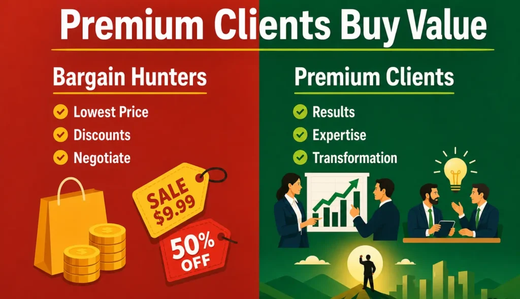 Infographic comparing bargain hunters and premium clients, highlighting value, expertise, transformation, and business growth.