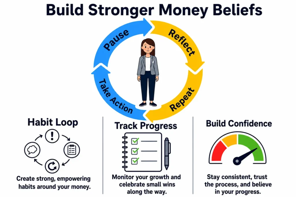 Build stronger money beliefs through reflection, action, progress tracking, and confident habits daily.