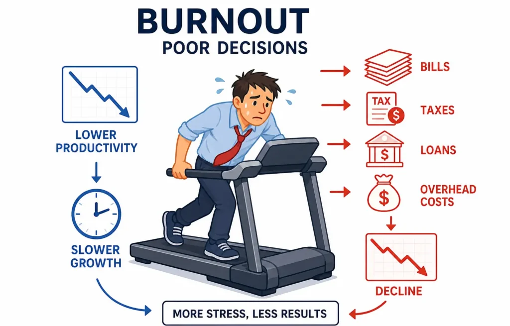 Infographic showing how burnout leads to poor decisions, lower productivity, and business decline.