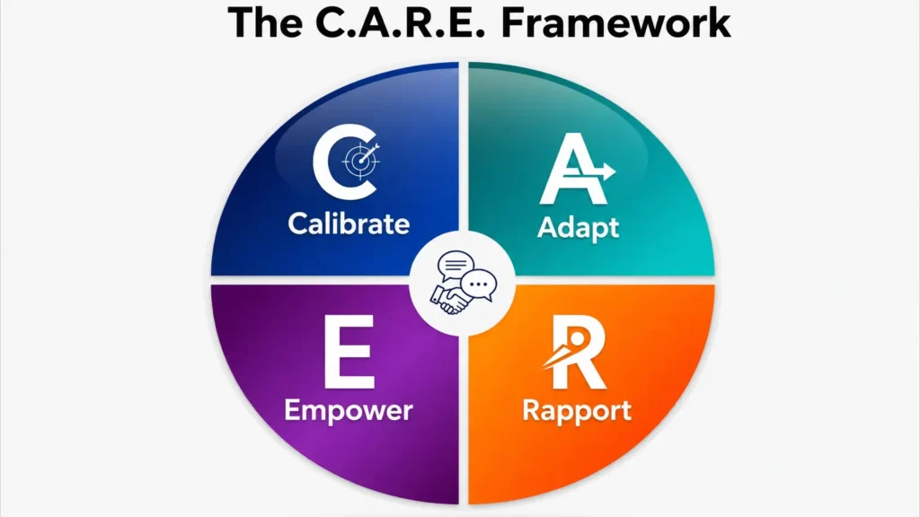 The C.A.R.E. Framework infographic: Calibrate, Adapt, Rapport, and Empower.