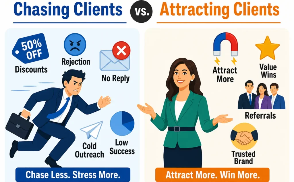 Infographic comparing chasing clients vs attracting clients with NLP, highlighting value, referrals, and trusted branding.