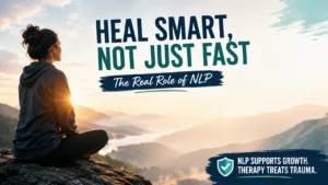 Woman meditating on a mountain at sunrise with text: Heal Smart, Not Just Fast. The Real Role of NLP