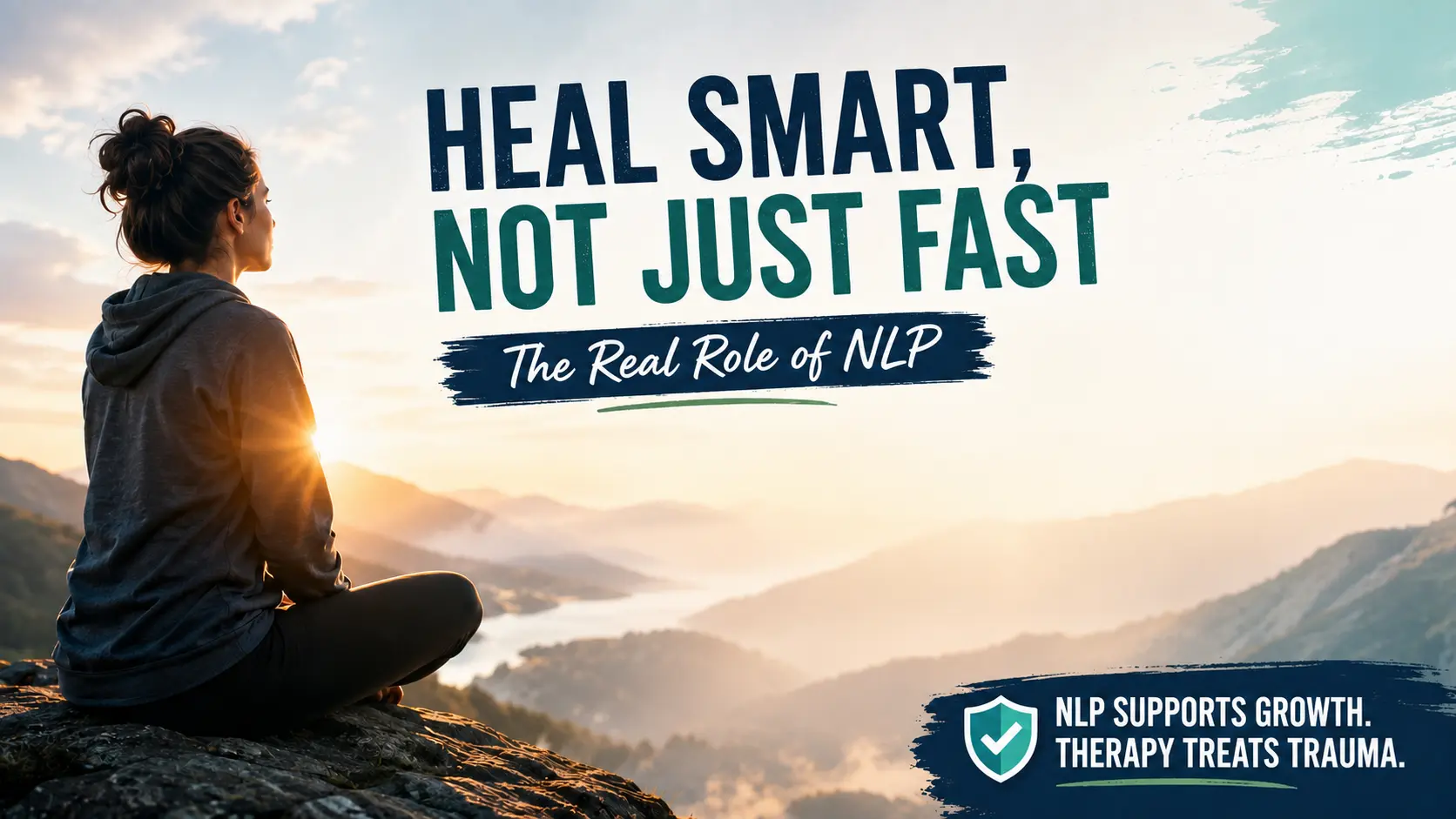 Woman meditating on a mountain at sunrise with text: Heal Smart, Not Just Fast. The Real Role of NLP